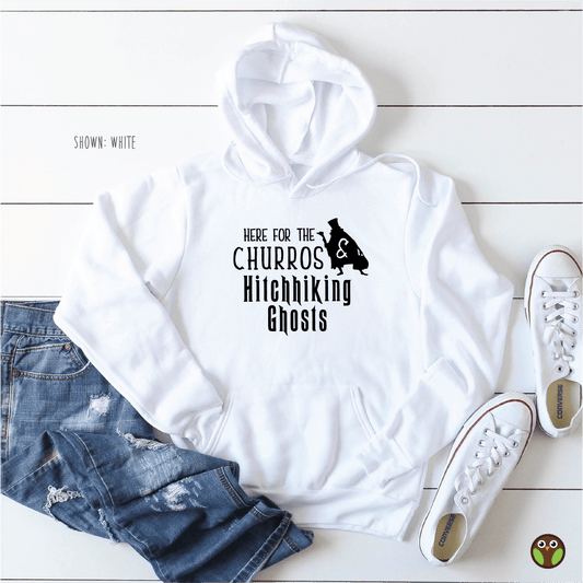 Here For The Churros and Hitchhiking Ghosts - Unisex Disney Halloween Pullover Hoodie