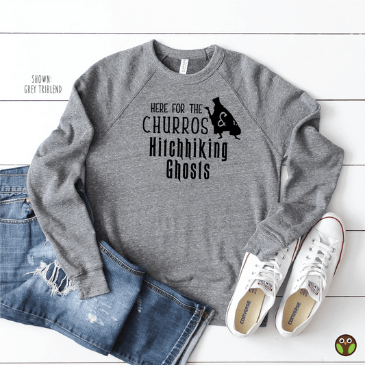 Here For The Churros and Hitchhiking Ghosts - Unisex Disney Halloween Pullover Sweatshirt