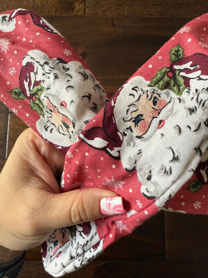 Santa Heads and Snowflakes on Red - Holiday Wired Head Wrap